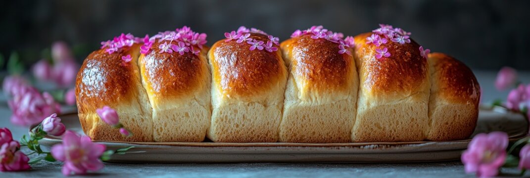 Slices of traditional handmade sweet bread displayed on decorative plates on a concrete table, capturing the essence of spring and Easter baking in vibrant visuals.