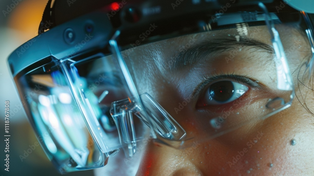 Poster close up of a scientist wearing augmented reality glasses working in a laboratory, illuminated by th