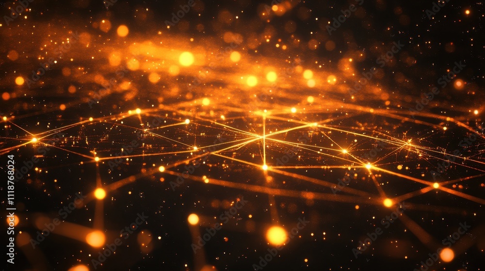Poster abstract digital landscape with glowing particles and interconnected lines.