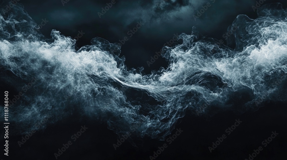 Poster ethereal smoke waves on dark canvas. dynamic swirls in black background