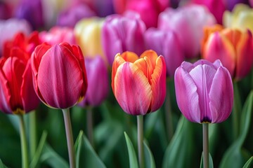 Fototapeta premium In a garden field, tulips are arranged in concentric circles of different colors, with a shallow depth of field.