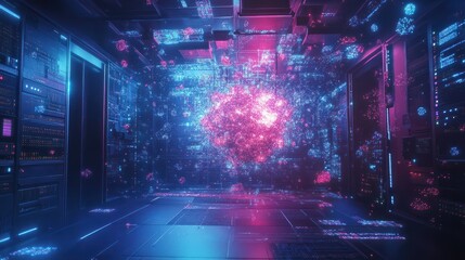 Server room with node base programming data design element.concept of big data storage and cloud computing technology, Ai generated.