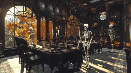 A spooky dining room with skeletons, autumn scenery, and Halloween decorations.