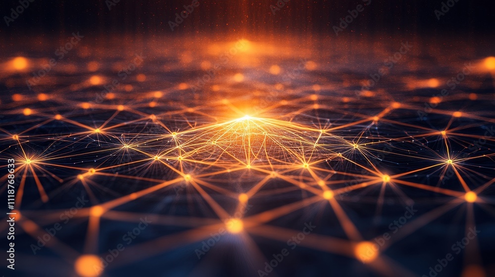 Poster abstract representation of a network with glowing connections and a central light source.
