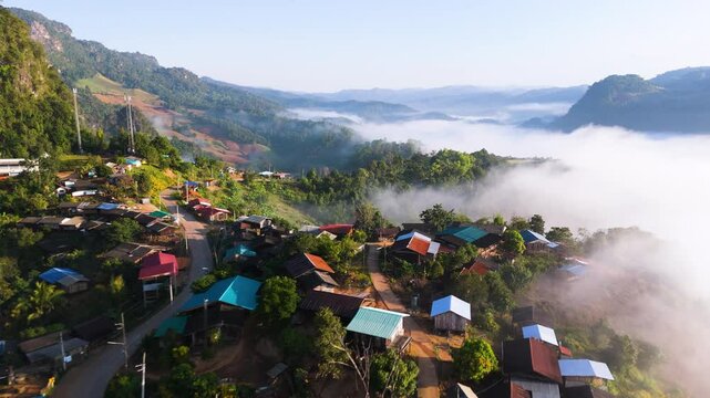 Aerial view of the beautiful morning mist over the mountains at Ban Ja Bo Village in Pang Ma Pha District, Mae Hong Son, Thailand