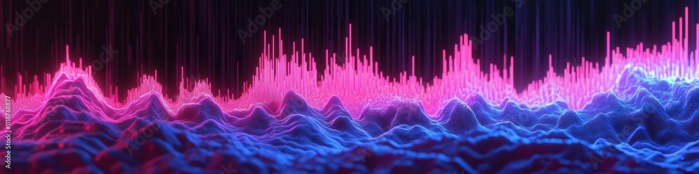 Poster dynamic neon horizon: 3d render of an abstract panoramic background with pulsating energy lines and 