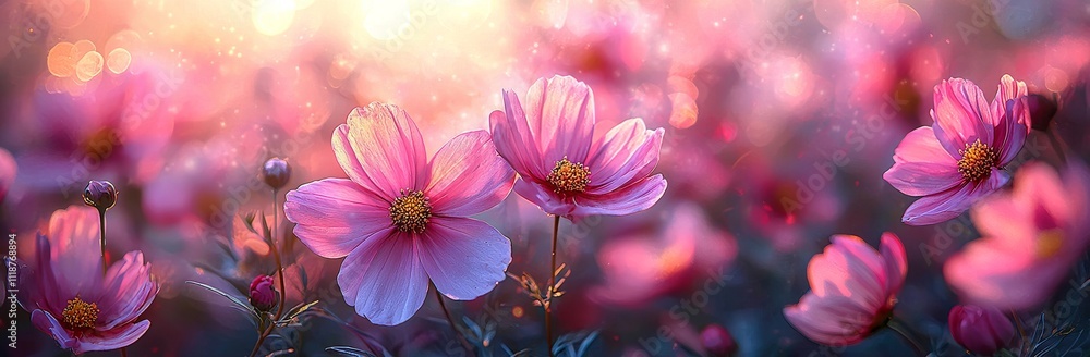 Wall mural A panorama of Cosmos flowers blooming at sunrise, with bokeh effects in the garden of a resort, evoking a festival concept and showcasing ornamental flowers.