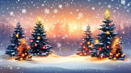 Obraz premium A serene winter landscape with snow-covered trees and colorful lights against a sunset backdrop.