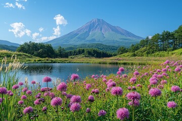 At the Shibazakura Festival, Fuji Mountain stands with pink moss in the foreground under a blue sky.