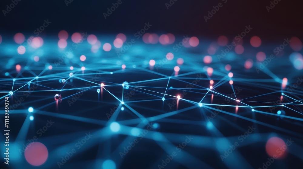 Poster abstract representation of interconnected nodes and lines, symbolizing technology and data flow.