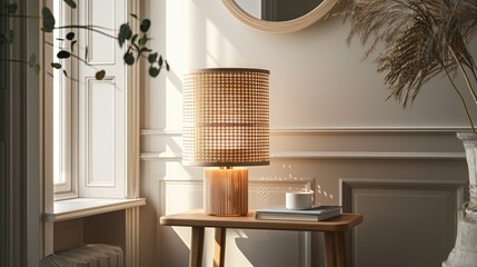 Sunlight streams into a room with a light wooden lamp on a small side table.