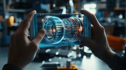 Two Engineers Works with Mobile Phone Using Augmented Reality Holographic Projection 3D Model of the Engine Turbine Prototype. Development of Virtual Mixed Reality Application.