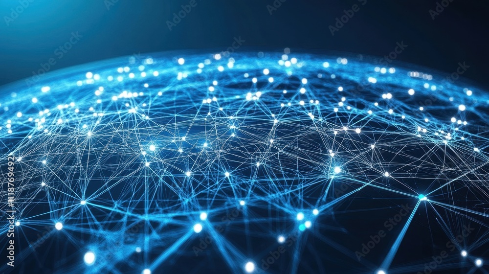Poster abstract representation of a digital network with interconnected nodes and glowing lines.