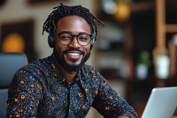 An African-American employee, a student with headphones, using a laptop, watching a screen, making a video call, attending a webinar, taking notes, engaged in remote language learning, functioning as