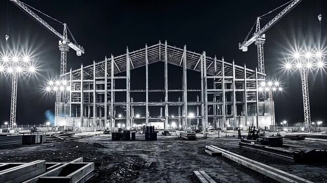 Nighttime Construction Site with Steel Framework, Tower Cranes, and Bright Floodlights


