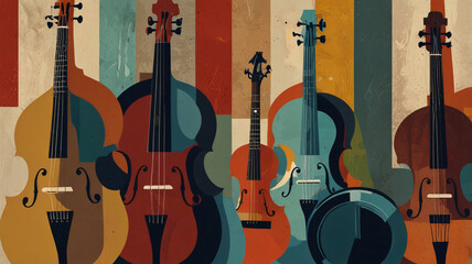 Naklejka premium Stylized Folk Music Ensemble in Geometric Design on Striped Background