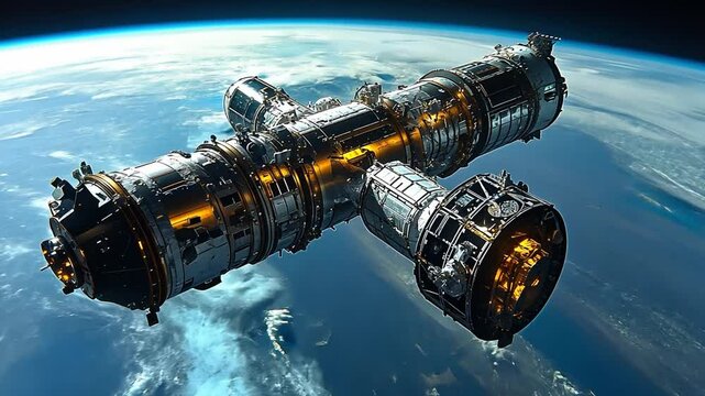High-tech space station floating above Earth, showcasing advanced engineering and technology