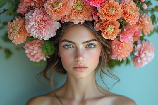 A woman donning a lovely headpiece made of flowers.