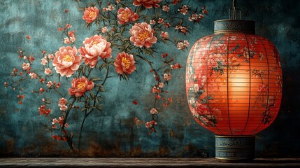 A red lantern positioned in front of a floral pattern, embodying cultural festivals and holiday festivities, created for advertising traditional celebrations.