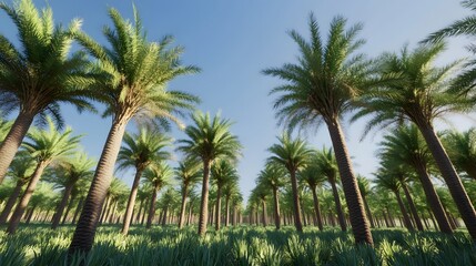 Fototapeta premium A photograph of a date palm farm in the Sahara desert, showing rows and rows of tall date palms with green leaves