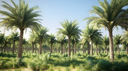 Obraz premium A photograph of a date palm farm in the Sahara desert, showing rows and rows of tall date palms with green leaves