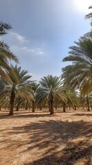 A photograph of a date palm farm in the Sahara desert, showing rows and rows of tall date palms with green leaves