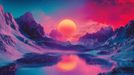 Fantastic landscape with a big bright sun background.. Sunrise or sunset concept poster. Sci-fi alien planet horizontal banner. Digital illustration. AI artwork. 