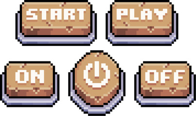 Pixel art of start, play, on and off buttons in wooden style and 8-bit game