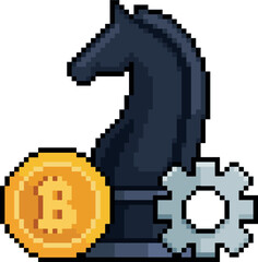 Fototapeta premium Pixel art chess knight with coin and gear in 8-bit style, investment strategy concept 