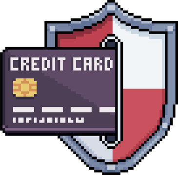 Pixel art credit card coming out of shield in 8-bit style on white background