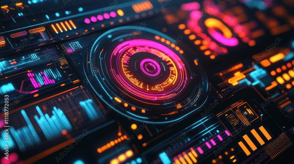 Aufkleber a futuristic digital interface featuring vibrant neon elements and data visualization.