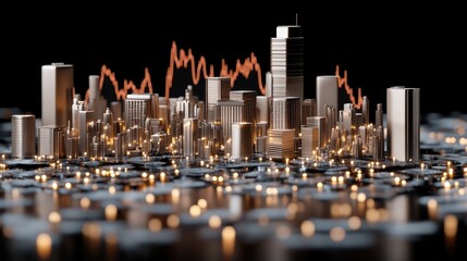 Digital artwork showcases stock market charts with abstract shapes and a vibrant cityscape background glowing in warm tones at night