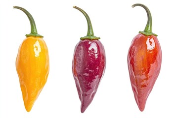 Vibrant Trio of Mini Sweet Peppers: Red, Yellow, and Orange on White Background, Perfect for Healthy Cooking and Organic Food Displays