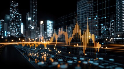 Fototapeta premium Digital artwork showcases stock market charts with abstract shapes and a vibrant cityscape background glowing in warm tones at night