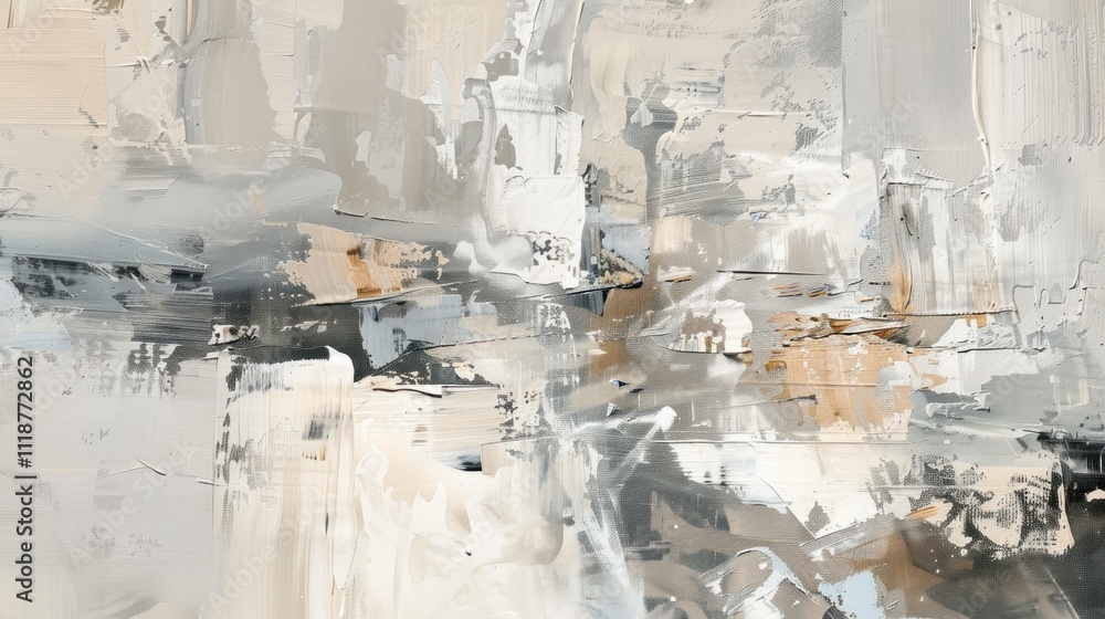 Poster abstract composition in shades of gray, beige, and white with dynamic brush strokes creating depth a