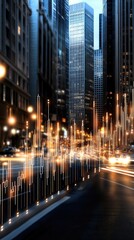Digital artwork showcases stock market charts with abstract shapes and a vibrant cityscape background glowing in warm tones at night