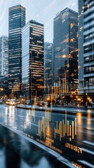 Fototapeta premium Digital artwork showcases stock market charts with abstract shapes and a vibrant cityscape background glowing in warm tones at night