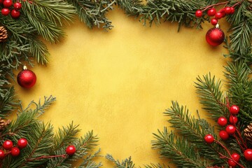 Festive Yellow Christmas Background Adorned with Fir Tree Border and Cheerful Decorations for Holiday Greetings