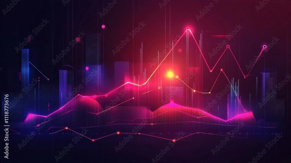 Poster abstract data visualization with vibrant lines and peaks representing trends and statistics.