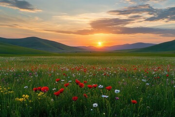 Stunning Wildflowers Blooming in a Lush Green Meadow During a Warm Summer Evening