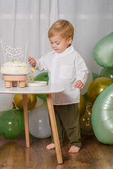 Fototapeta premium Toddler Celebrating Second Birthday with Cake and Balloons