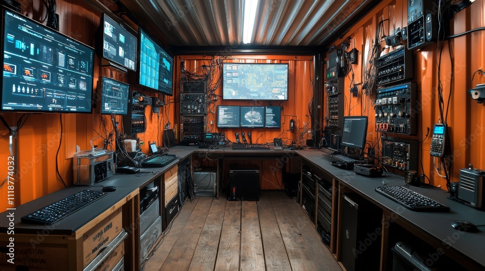 Aufkleber A high-tech control room is fully equipped with numerous screens displaying data and controls.