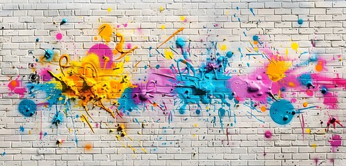 Contemporary art with colorful spray paint splashes on clean brick wall, perfect for modern art enthusiasts