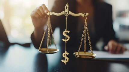 Woman's hand holding scales of justice with dollar signs.