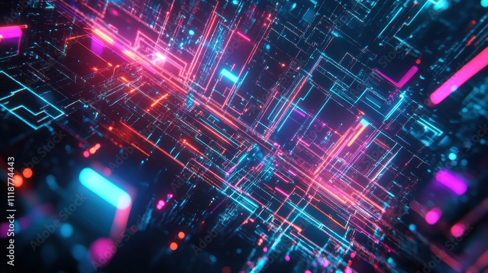 Aufkleber a vibrant digital landscape with glowing lines and nodes representing technology and data flow.