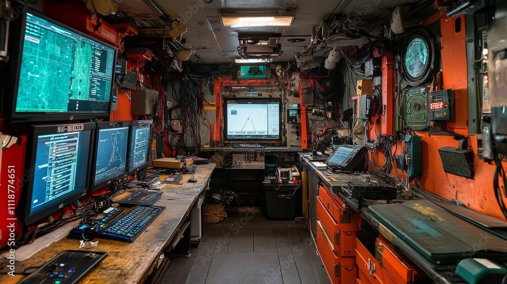 Poster Inside a research vessel, the control room is filled with multiple screens showing data and maps. Cables hang from the ceiling, creating a busy and high-tech atmosphere vital for marine exploration.