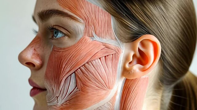 A Caucasian young woman with delicate red threads resembling muscle fibers covering half of her face, highlighting artistic expression and human anatomy. Her serene expression and the soft background