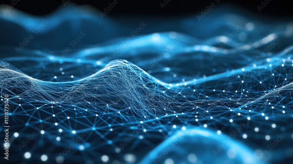 Poster abstract representation of data waves and connectivity in a digital landscape.