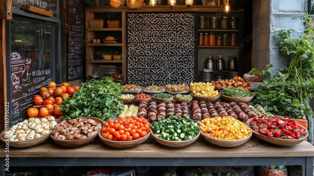 Aufkleber a colorful array of fresh vegetables and fruits is laid out on a wooden table at a bustling market. 