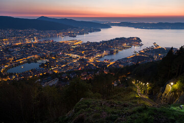 Panoramic view of Bergen (Norway) at night
